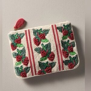 New  Anthropologie Fiona STRAWBERRY Beaded Pouch Size 5.5” X 7"